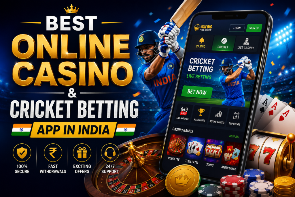 Best online casino and cricket betting app in India showing IPL live betting markets and live casino games like Andar Bahar and Teen Patti on BSF 2020